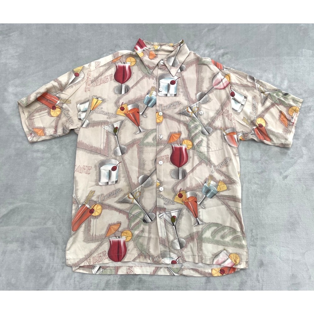 Tori Richard Shirt Men S Beige Cocktail Print Vintage Aloha Hawaiian